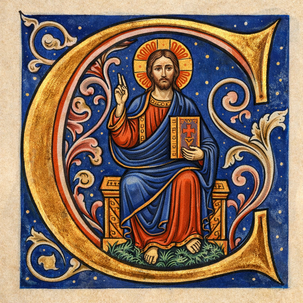 Inicial C miniada con iconografía cristológica